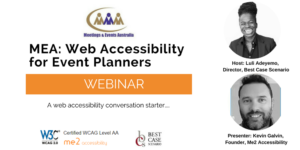 A banner advertising a webinar on web accessibility - Best Case Scenario Event Managment