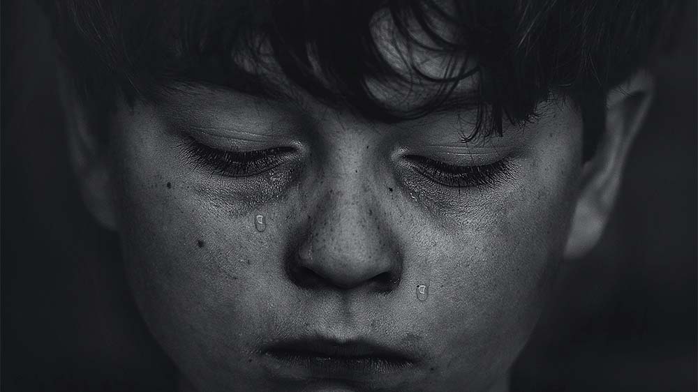Close up black and white photo of a child crying