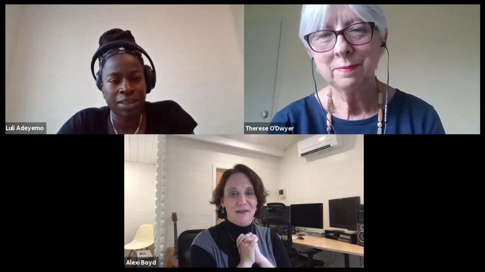 A screenshot of a webinar with Luli Adeyemo, Teresa O'Dwyer and Alexi Boyd