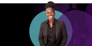 Best Case Scenario founder Luli Adeyemo's photo on a black background with a blue circle overlapping a purple circle. Luli is smiling and wearing a black suit.