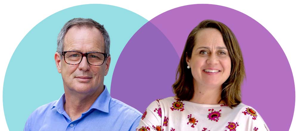 Photo of James Riley from InnovationAus on a blue circle background alongside Corrie McLeod from InnovationAus on a purple circle background