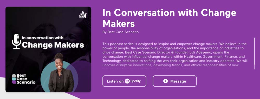 In Conversation with Change Makers logo on a purple background with white text outlining the podcast description.